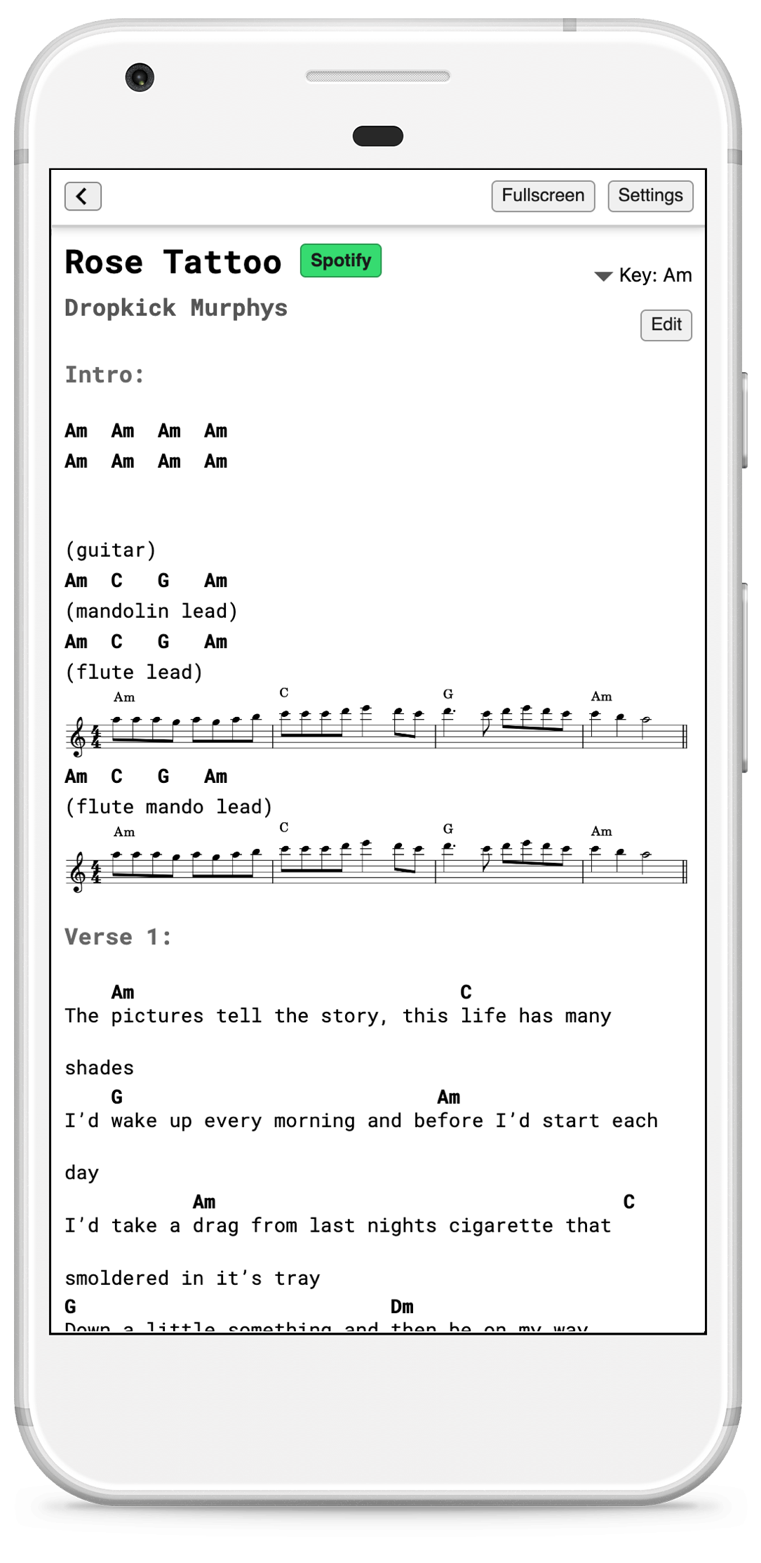 Tabs for Rose Tattoo by the Dropbkick Murphys with flute sheet music embeded in it, on a mobile view.