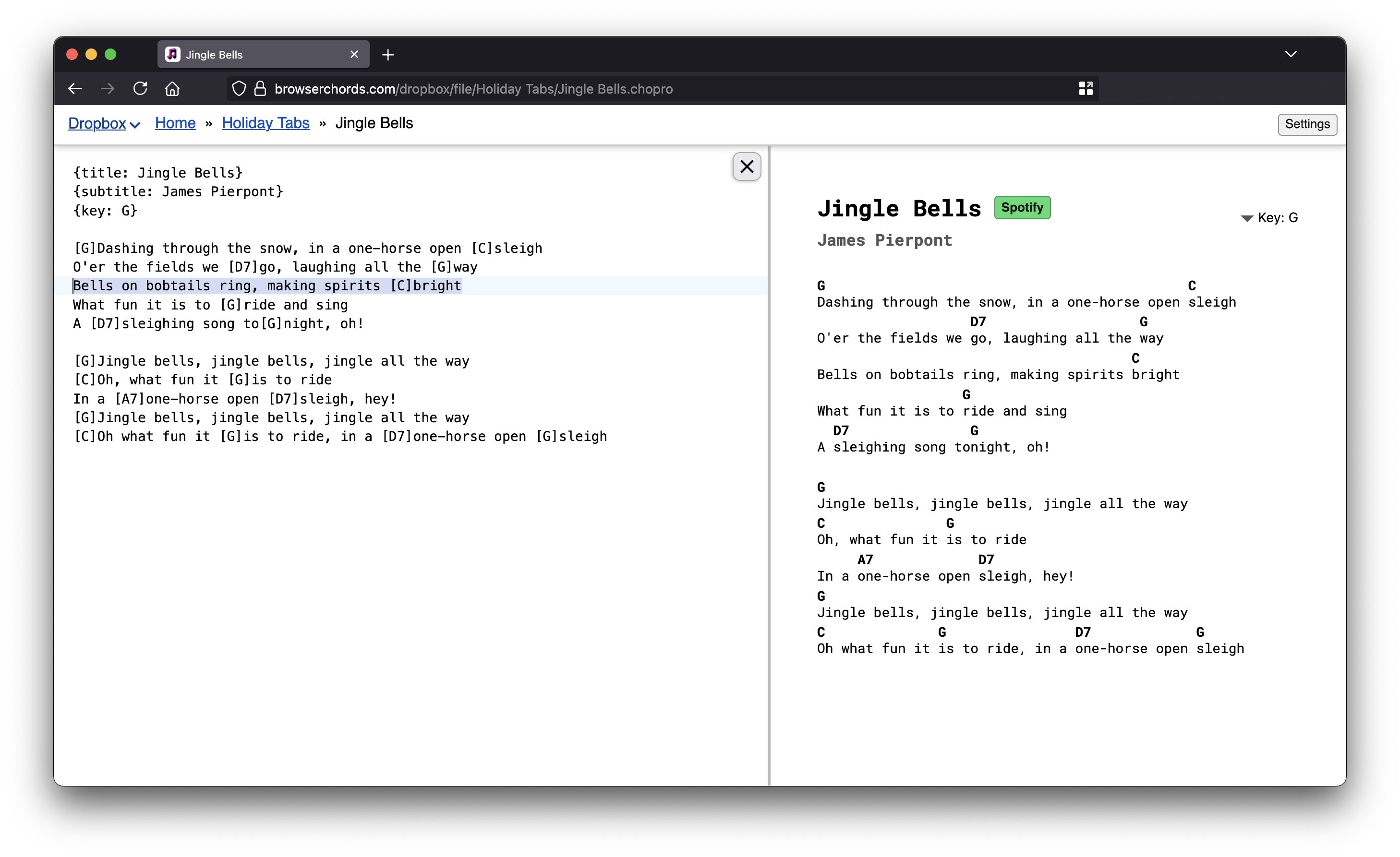 A text editor showcasing editing Jingle Bells using the ChordPro format, on a desktop view.